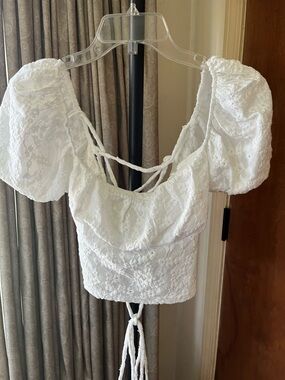 Zara White Lace Puff-Sleeve Crop Top with Braided Tie